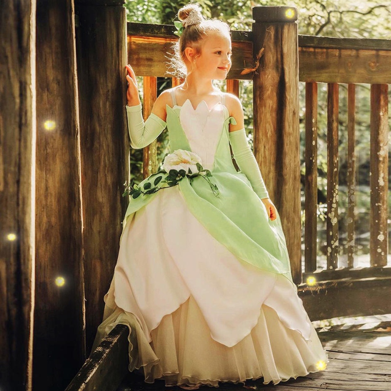 The Frog Princess Costume for Kids Girls Tiana Movie Cosplay Carnival Dress Up Princess Role Playing Robes