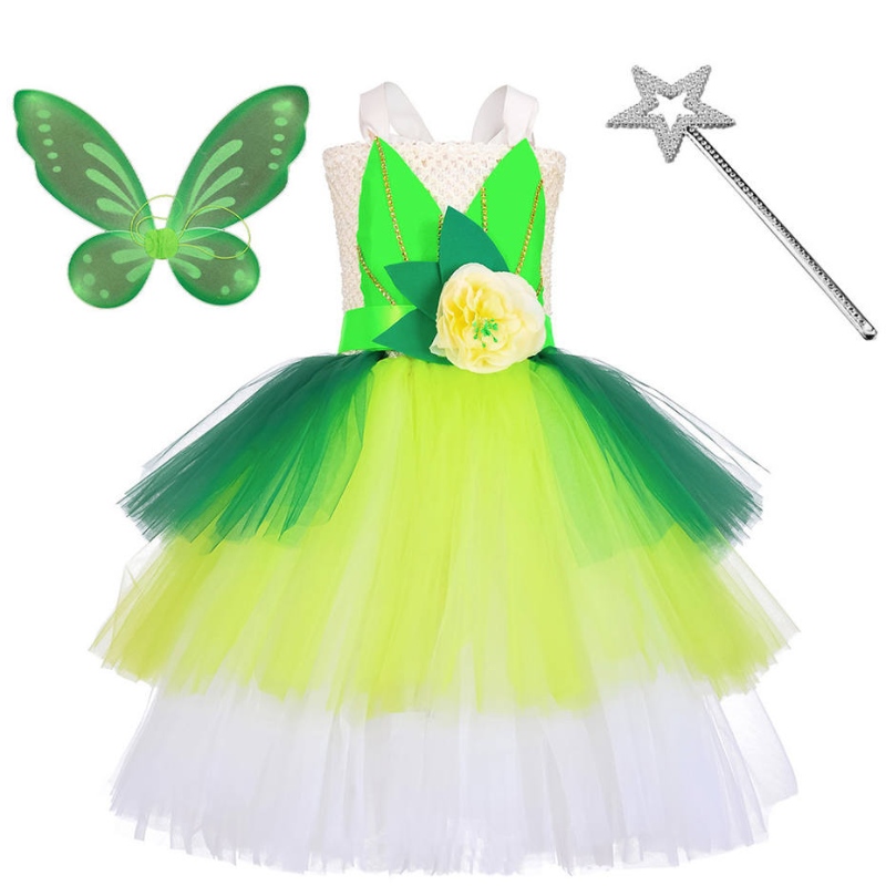 Halloween Cosplay Princess Baby Girls Party Green Flower Fairy Bell Bell Robe Elf Costume avec des ailes papillon