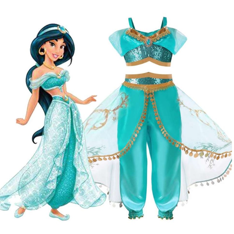 Girls Fancy Dishing Kids Halloween Costume Cosplay Vêtements Lil Girls Princess Jasmine Party Robe