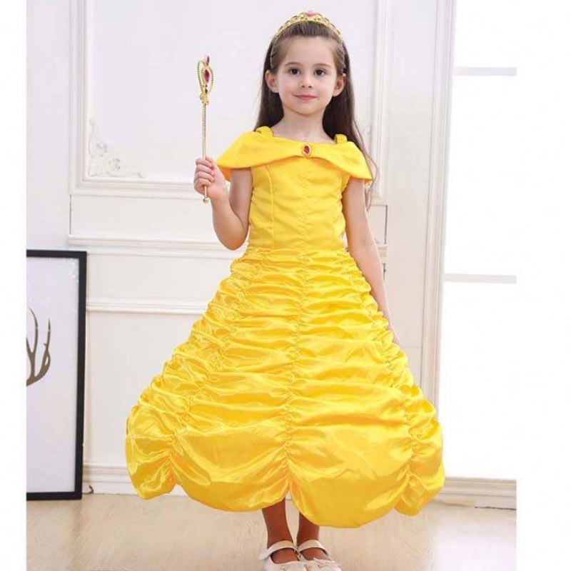 Halloween Children Vêtements superposés à l\'épaule Princesse jaune Belle Costume Petites filles Halloween Robe HCBL-001