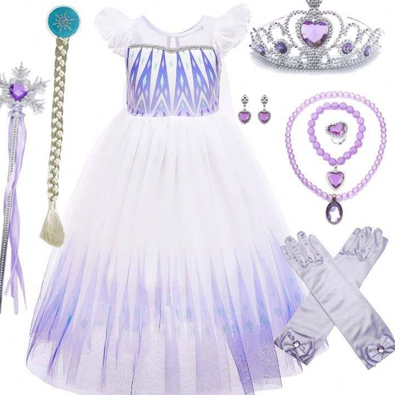 En gros de 3 à 10 ans, princesseneige reine elsa reine robe avec accessoires couronne tresse baguette hcgd-029