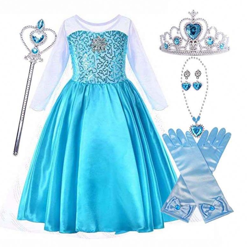 Snow Party Queen Halloween Costume bleu manches longues Snow Queen Sequin Elsa Robe pour filles avec accessoires HCGD-006