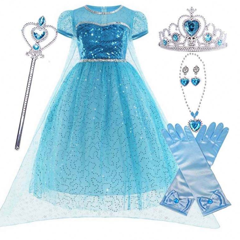 Little Princess All in One Set Crown Wand Gants Halloween Elsa Cosplay Costume avec accessoires HCGD-026