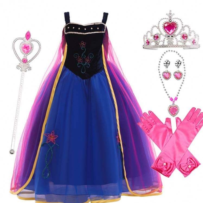 Girl Cosplay Snow Queen Princess Costume Costume de robe anna avec couronne en baguette accessoires HCGD-010