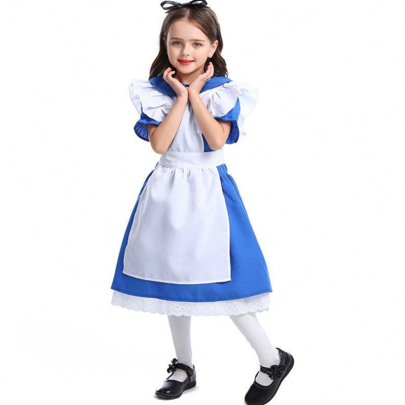 Girls Halloween Ruffle Trim Tie à la taille Blue Alice au pays des merveilles Cosplay Kids with White Tabre 4-12 ans DGHC-070