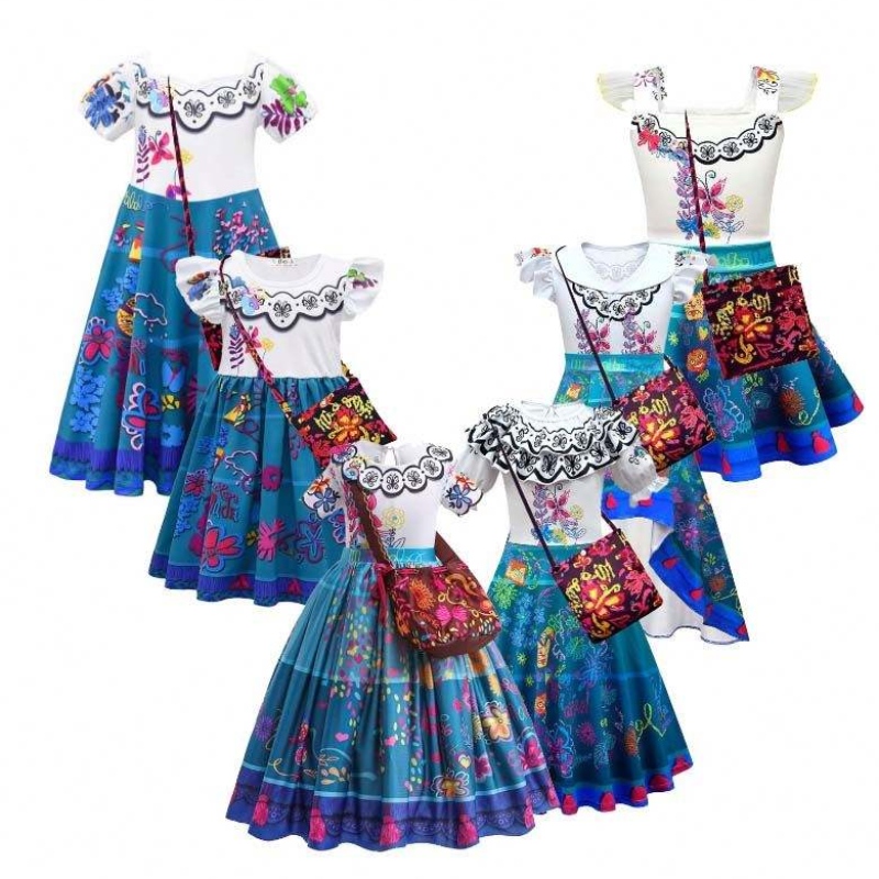 2022 Enfants Encanto Madrigal Princess Jirts Tenues Blue Mirabel Robe d\'Encanto avec sac 100-160 cm HCIS-001