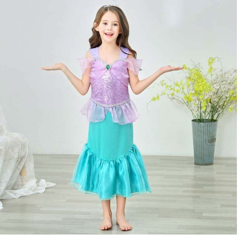 Princess Little Girls Sequins Robe de sirène pour fille 6 à 7 ans avec des bijoux HCMM-006