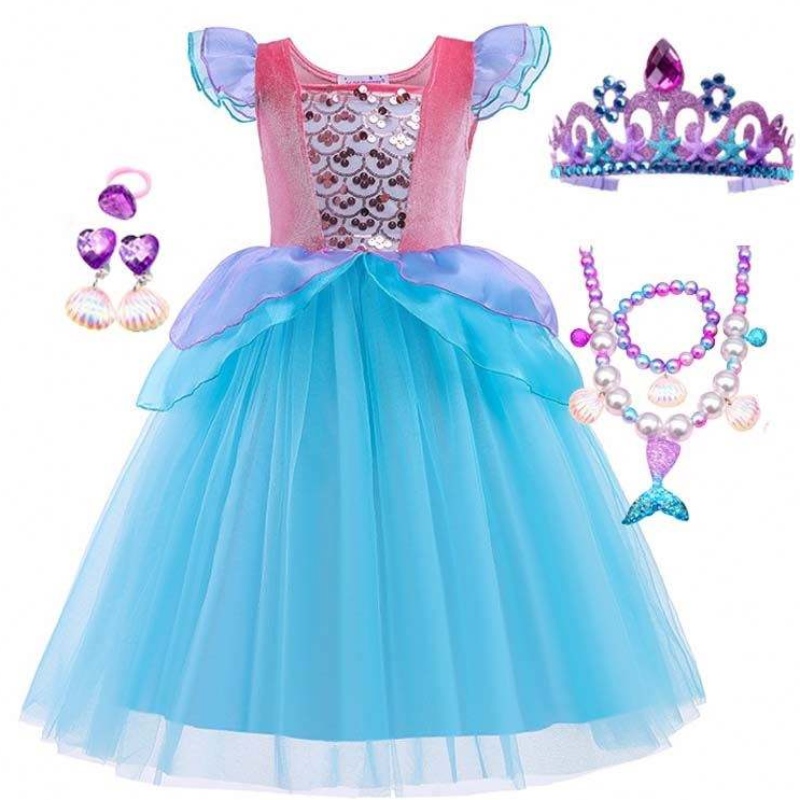 2022 Top Sales Halloween Child Princess Sequins Ariel Blue Robe Costume HCMM-012