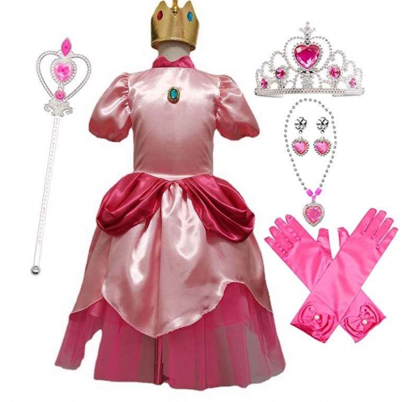 Carnival Cosplay Baby Girls Party Christmas Super Broton Cartoon Pink Princess Peach Costume avec Crown HCMU-006