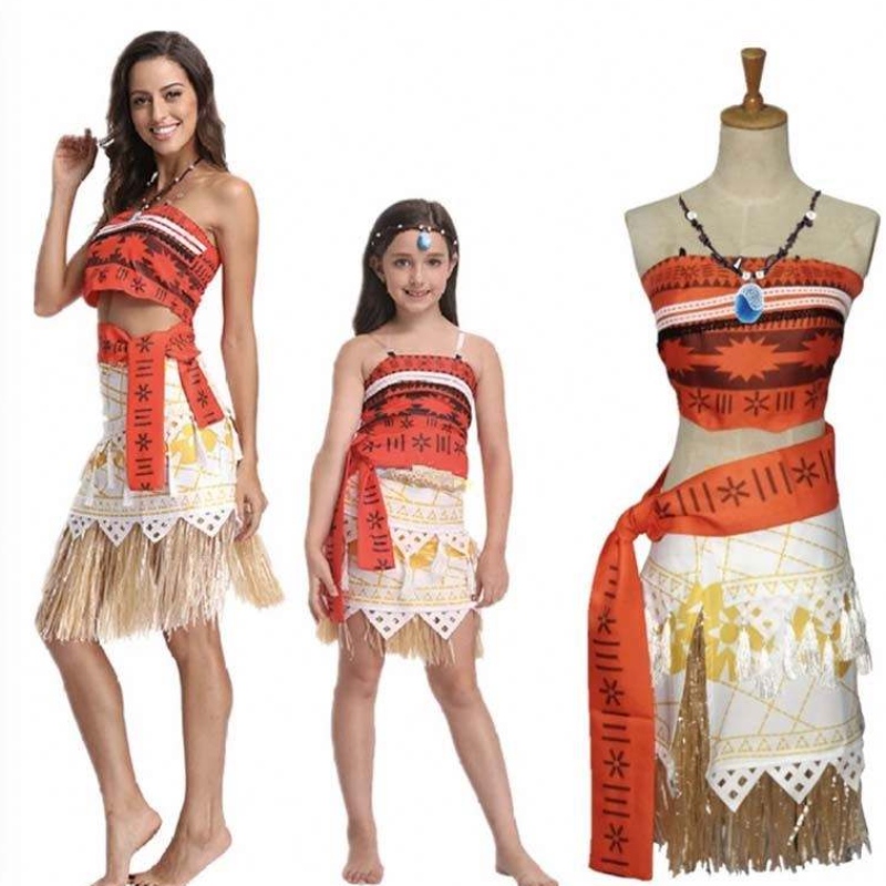 Halloween Party Adult Kids Cosplay Vaiana Princess Moana Adult Costume Robe avec collier hcmo-005