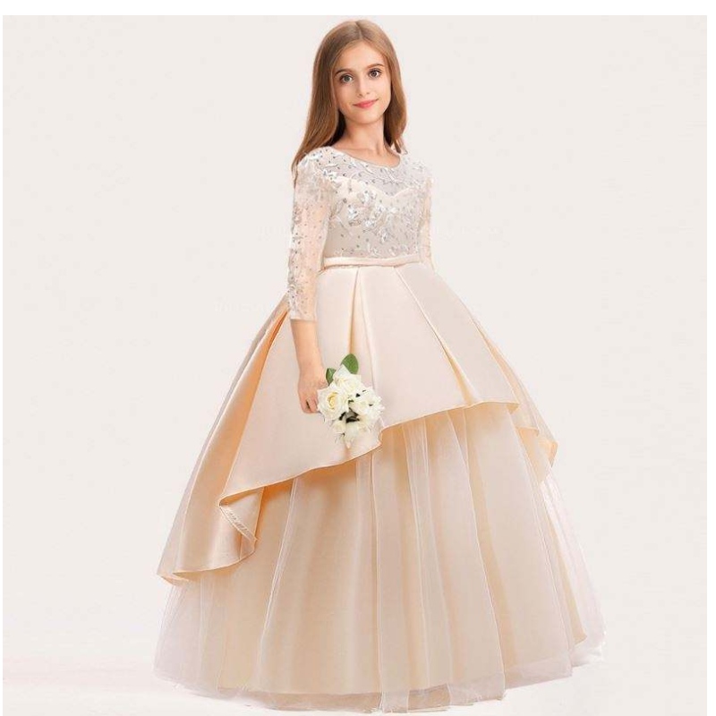 Baige Long Style Children Bouche de mariage robe de bouche Frock Design Kids Party Party Wear Long Robe 9101