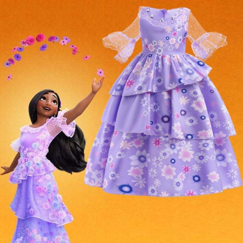 Vente chaude Kids Encanto Film Costume Isabella Cosplay Purple Floral Girls Silk Maxi Long Robe