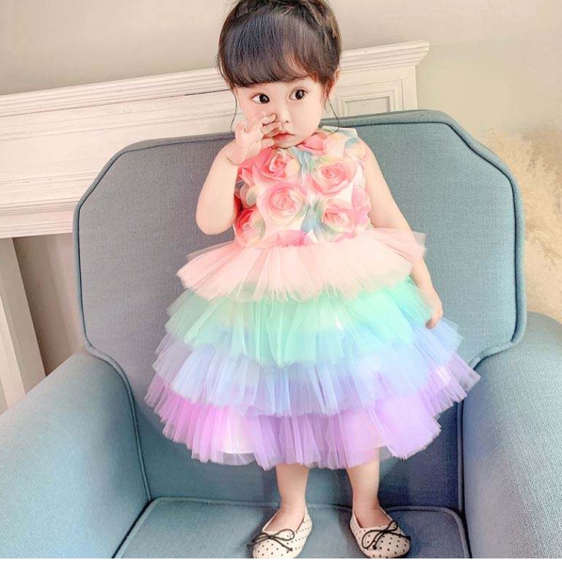 Baige infantile fleur fille anniversaire princesse robe gâteau vêtements fleuris formels