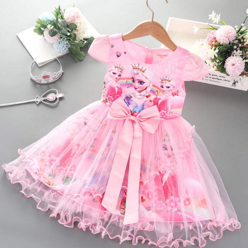 2-8Y Girls Robe Summer Nouvelle manche à manches courtes Princesse Elsa Mesh Tutu Jirt Children \\\\ Birthday Party Cosplay robe