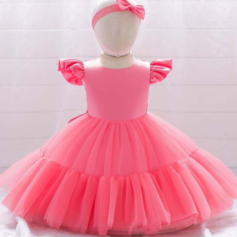 Baige Mesh Satin Princess Girls Robes d\'anniversaire Belle fille Bécho Girls Robe Designs pour le baptême avec bandeau