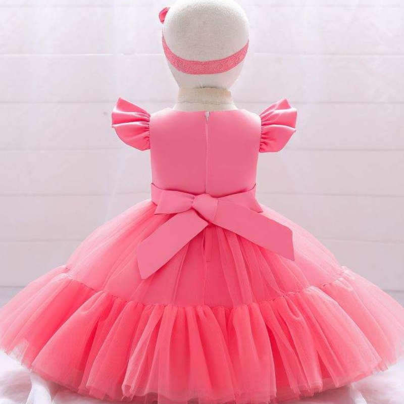 Baige Mesh Satin Princess Girls Robes d\'anniversaire Belle fille Bécho Girls Robe Designs pour le baptême avec bandeau