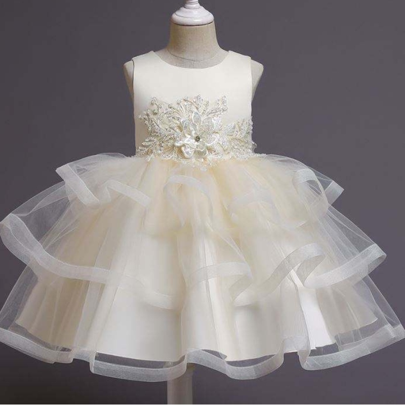 Baige Flower Girl Robe Kids Party Party Baby Tutu Princess Robe avec des vêtements d\'anniversaire de longueur de genou