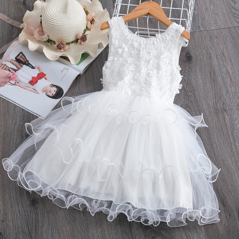 3-8 ans Robe d\'été en dentelle pour filles fleur élégante fête de mariage princesse robe sans manches