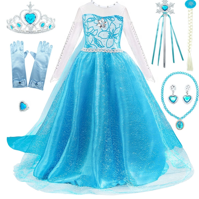 Filles Elsa s\'habillent avec des enfants de train perles à manches longues à manches longues Impression d\'Halloween Carnival Party Princess Costume
