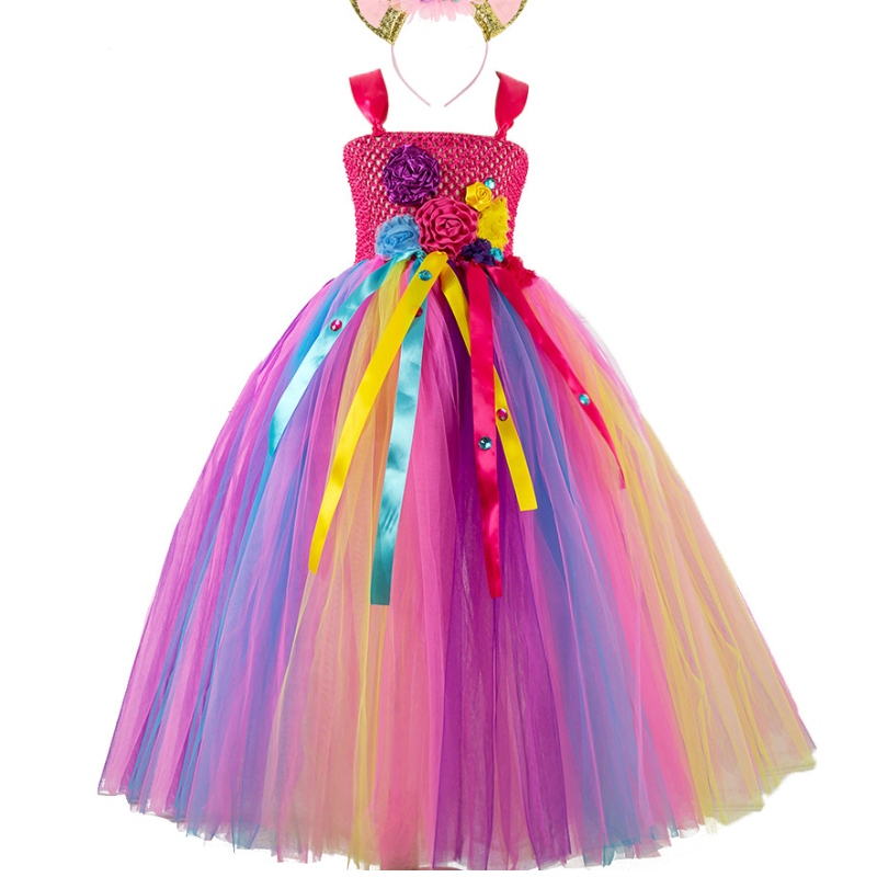 Robe de princesse en maillage des filles Robe de fête de fleur rose avec coiffure