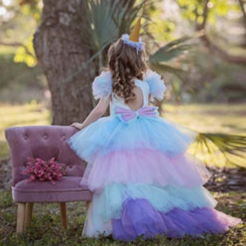 Robe de fête à licorne pour filles costume bébé robe d\'été enfants élégante fille porte une robe de princesse avec un train long