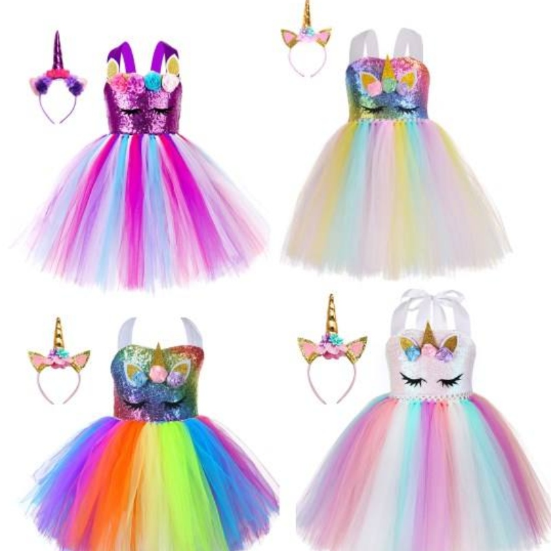 Kid Toddler Girl Birthday Ball Party Costume Costume LED Light Up Rainbow Unicorn Duffy Eperred Tulle Tutu Robe avec bandeau