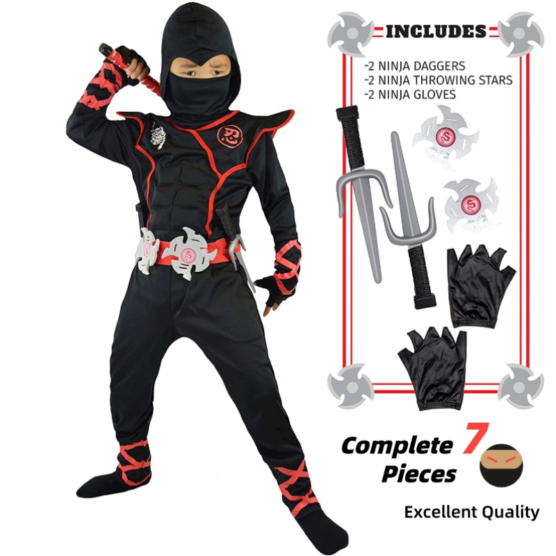 7 pièces Unisexe Child Ninja Deluxe Costume for Kids Role Play Themy Party Halloween Fancy Disch-up