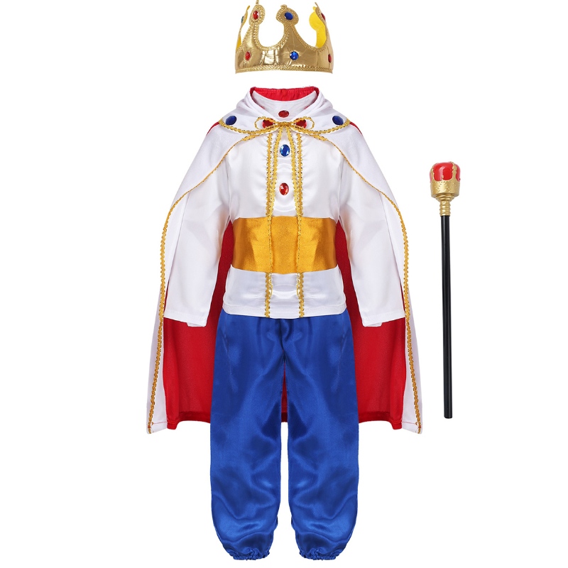 King Prince Costumes For Boys Kids Halloween Cosplay Dress Up Cloak Crown Sceptre Set Carnival Roleplay Party