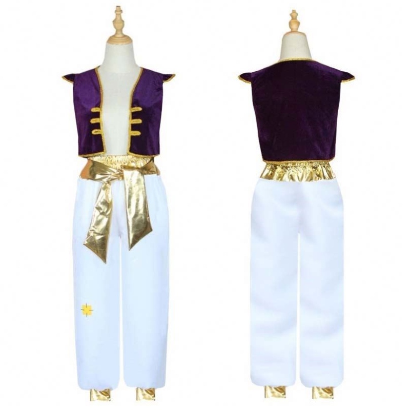 Halloween Aladdin Magic Lamp Cosplay Cost Cap Sleeves Waistcoat Aladdin Prince Costume avec pantalon hcal-010