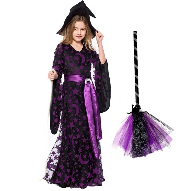 Girls Halloween Dress Up Purple Wicked Witch Fancy Dishy With Hat Broom HCVM-017