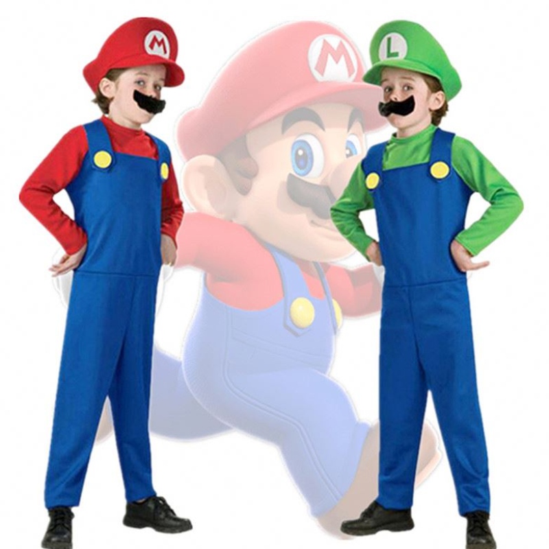 4-12y Child Super Mari Bros Cosplay Jumpsuit Suit Boy Girl Halloween Anime fantasy Romper Luigi Brothers Hobe Hat Costume