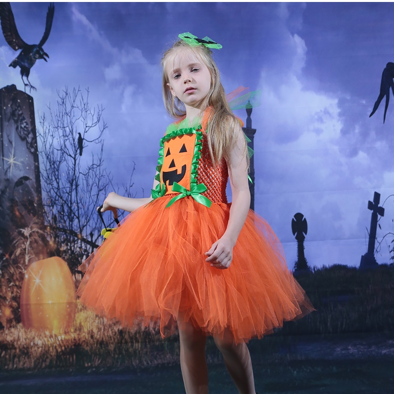 Amazon Hot Sell Kids Girl Halloween Robe Pumpkin Mesh Tulle Tutu Robe